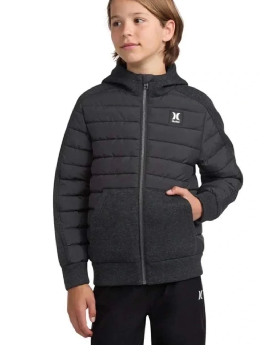 Hurley Kids Black Quilted Puffer Hoodie Jacket, Sz Small (7/8)